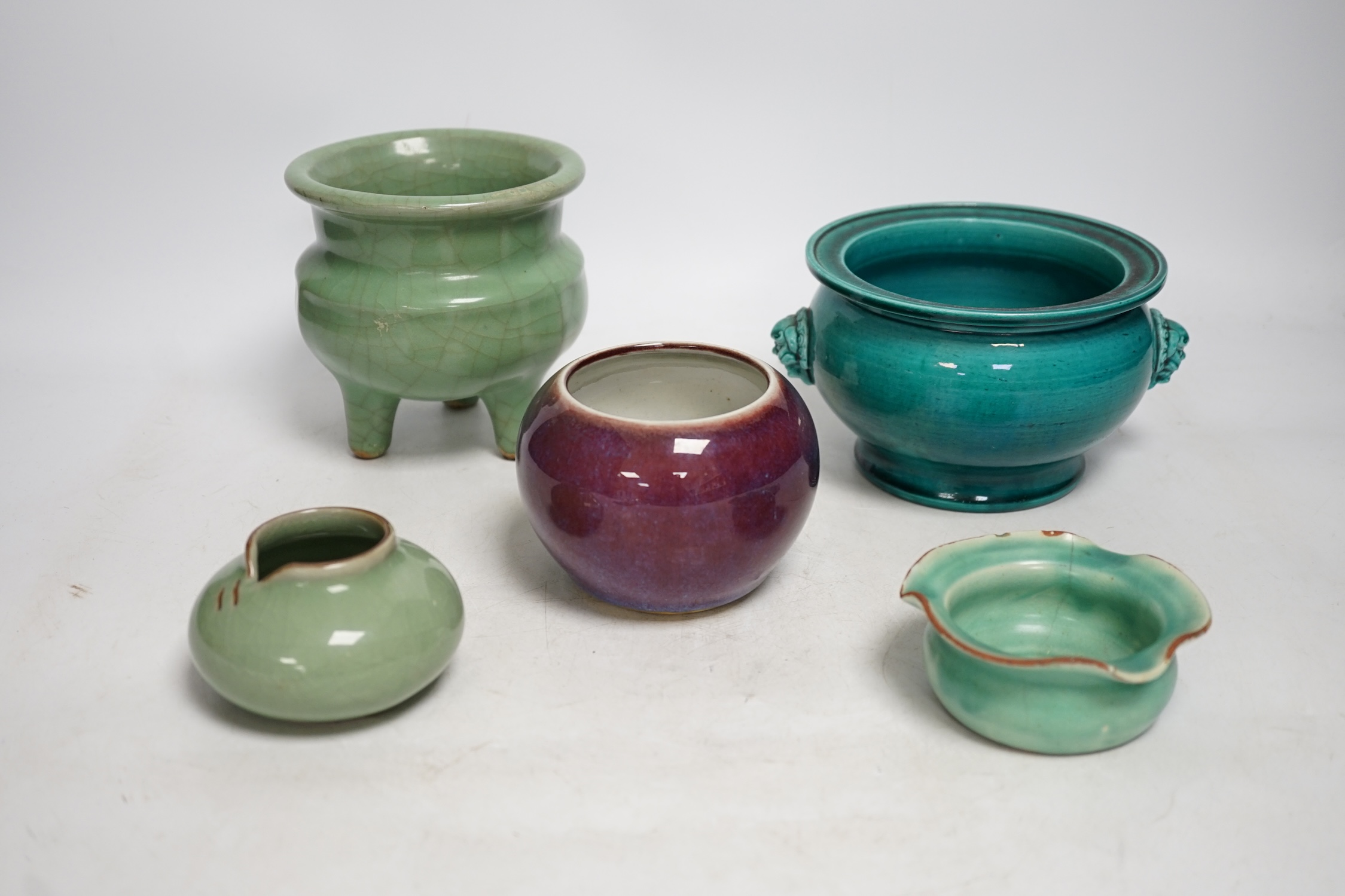A Chinese Jun type bud vase, a crackle glaze incense burner, and three other items, largest 12cm high. Condition - fair to good
